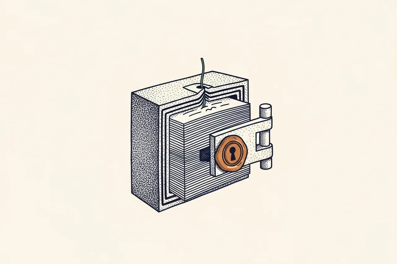 A cross-section of the evidence vault — records sealed behind a lockplate, a single verified thread surfacing to public view
