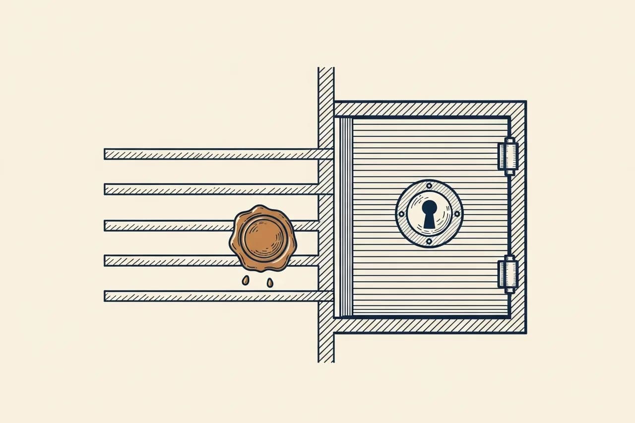 A cross-section: the three ranking signals frozen behind a sealed wall they cannot cross to reach the billing record