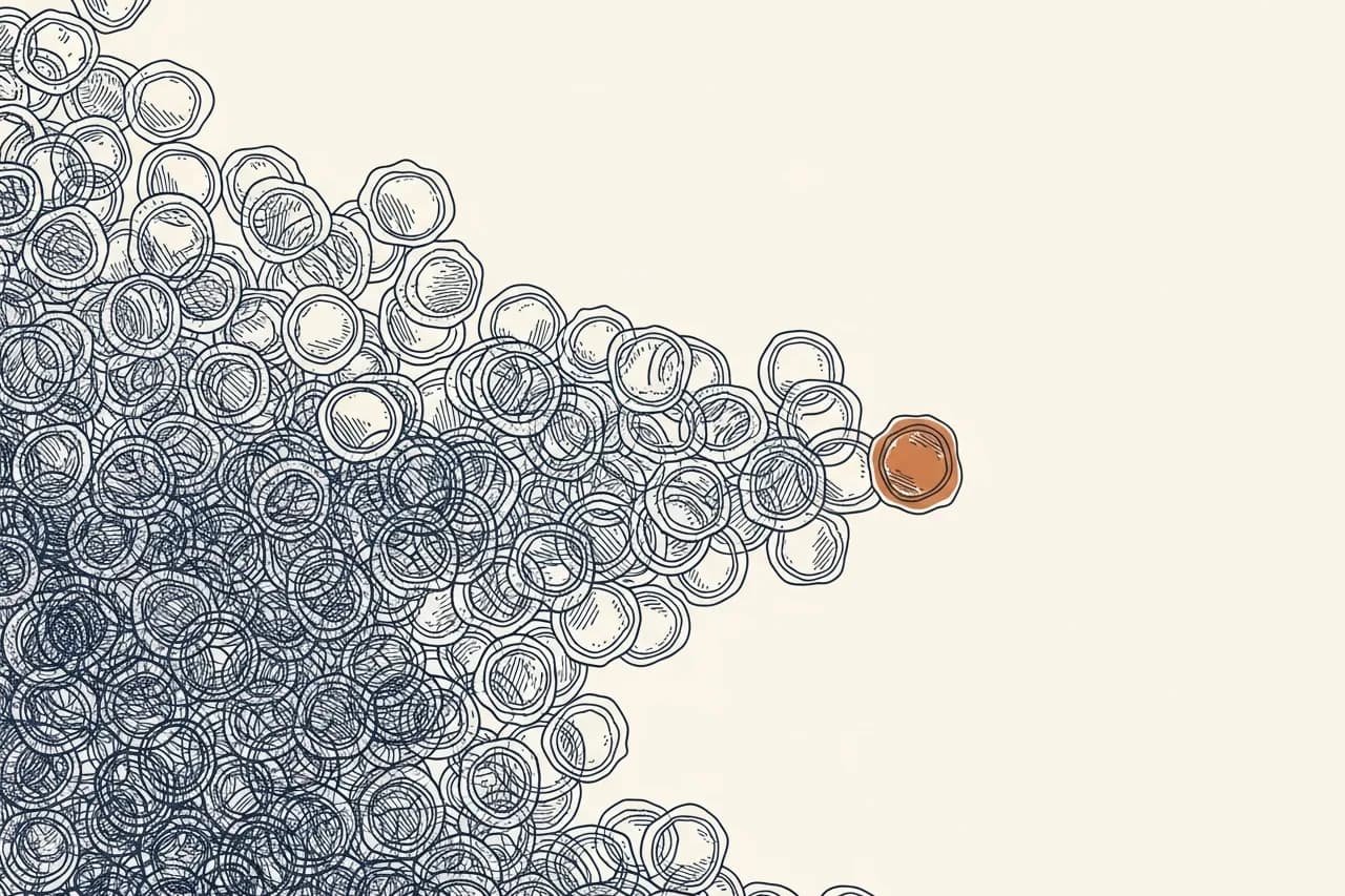 A field of faint, unsigned seal-outlines resolving rightward into one crisp, signed seal