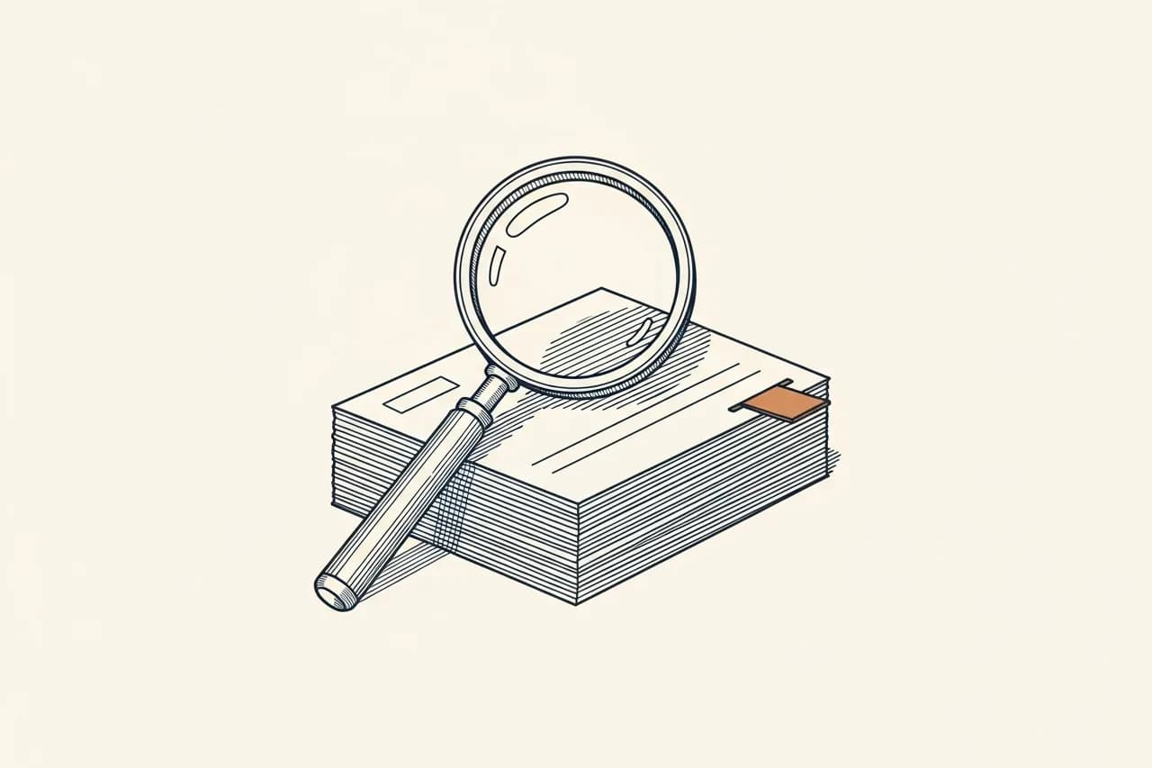 A magnifier over a stack of verified records, sifting evidence, not sales decks
