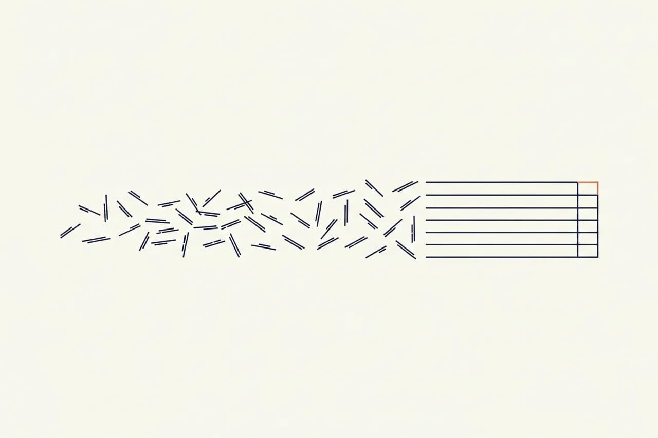 Loose, scattered record-lines on the left resolving rightward into a single aligned, verified ledger