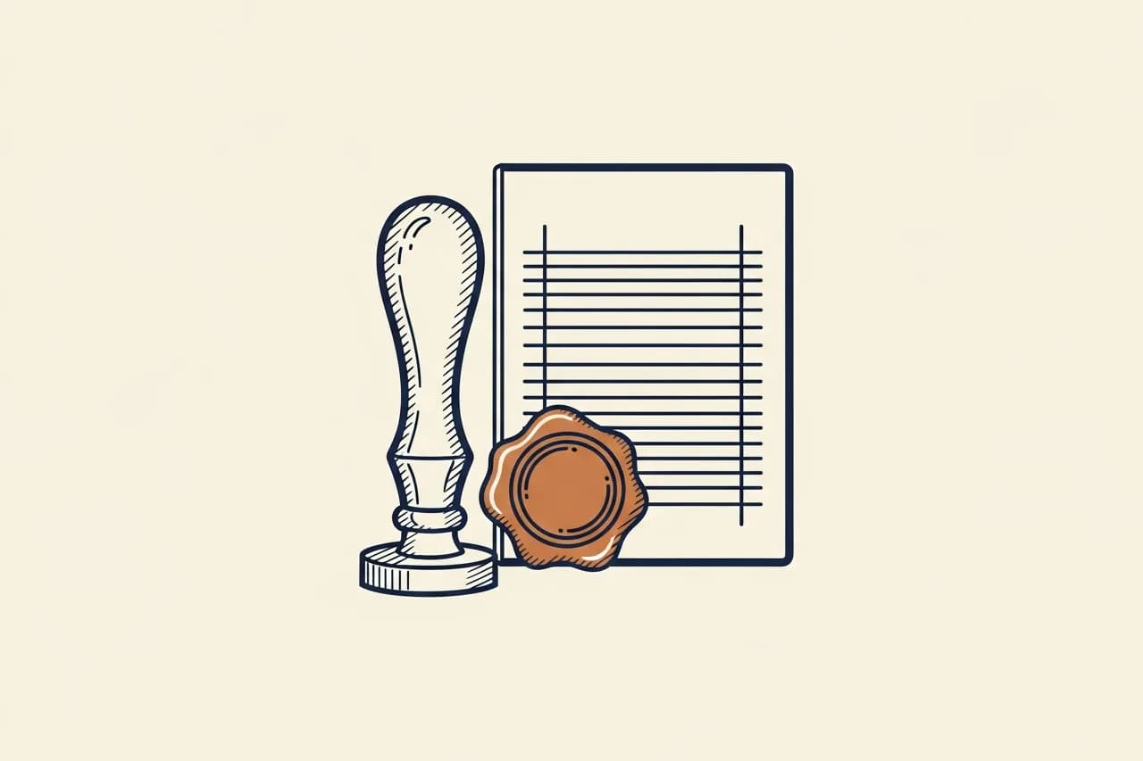 A notary stamp and wax seal beside a machine-ruled scorecard, the human sign-off over the AI reading