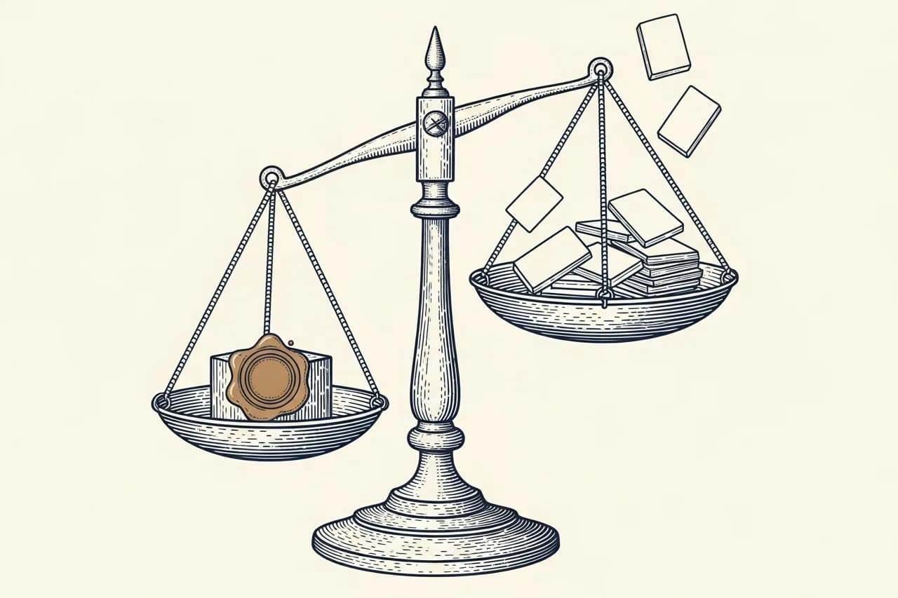 A balance scale weighing a verified outcome record against an unsupported opinion